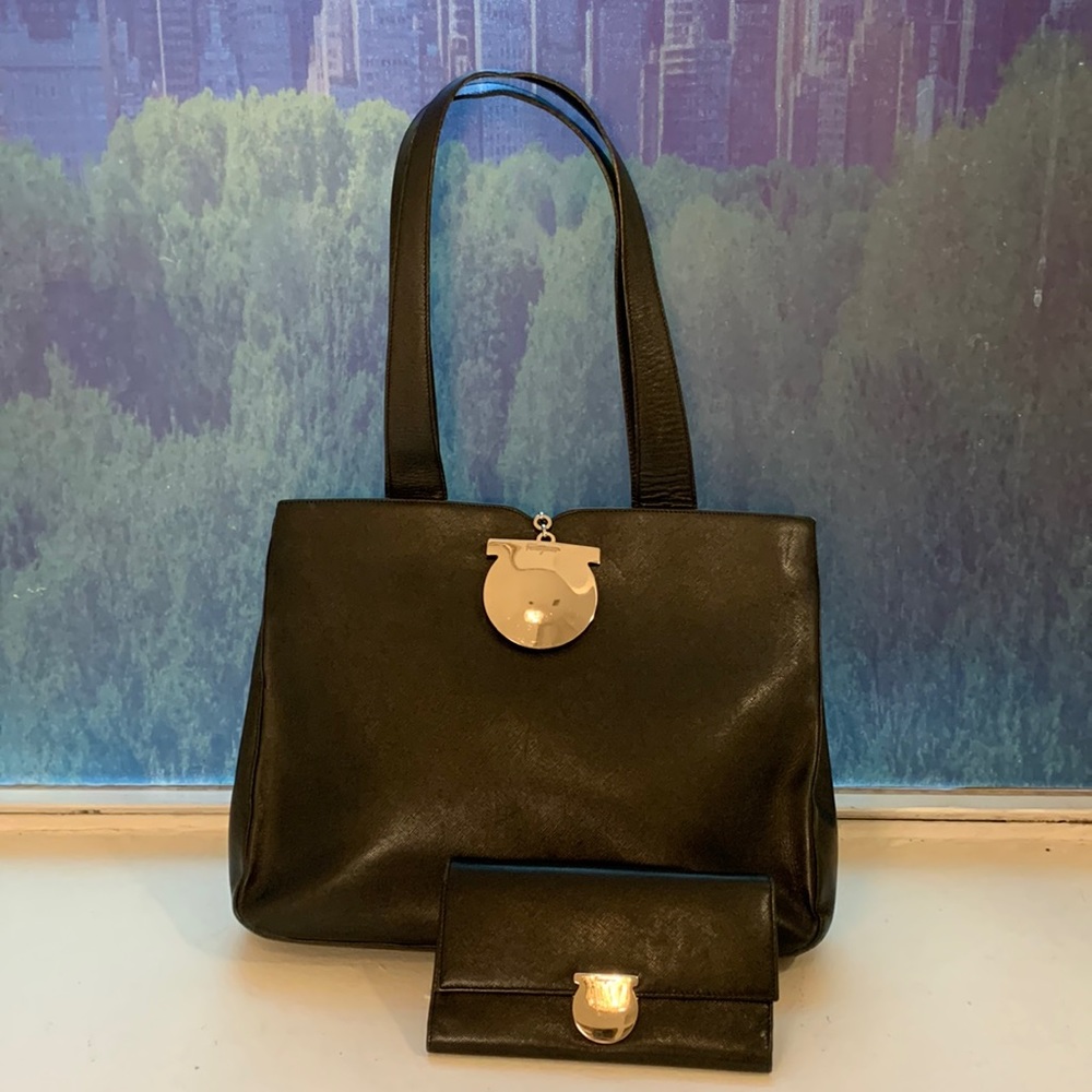 Ferragamo black leather bag and wallet